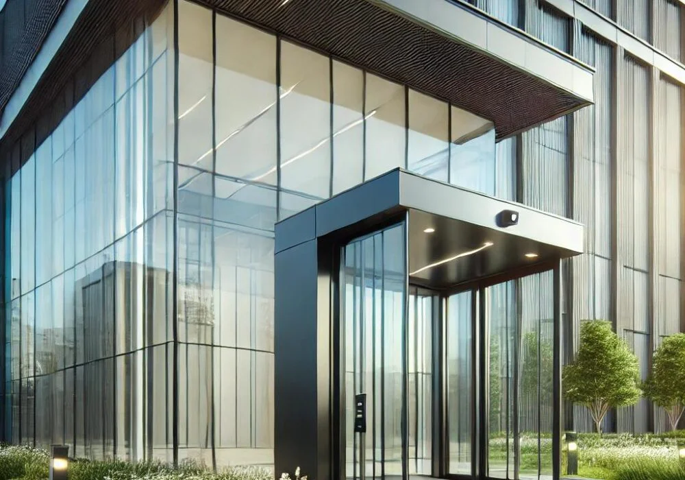 A_modern_building_with_a_large_automatic_door_open