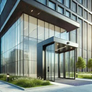 A_modern_building_with_a_large_automatic_door_open